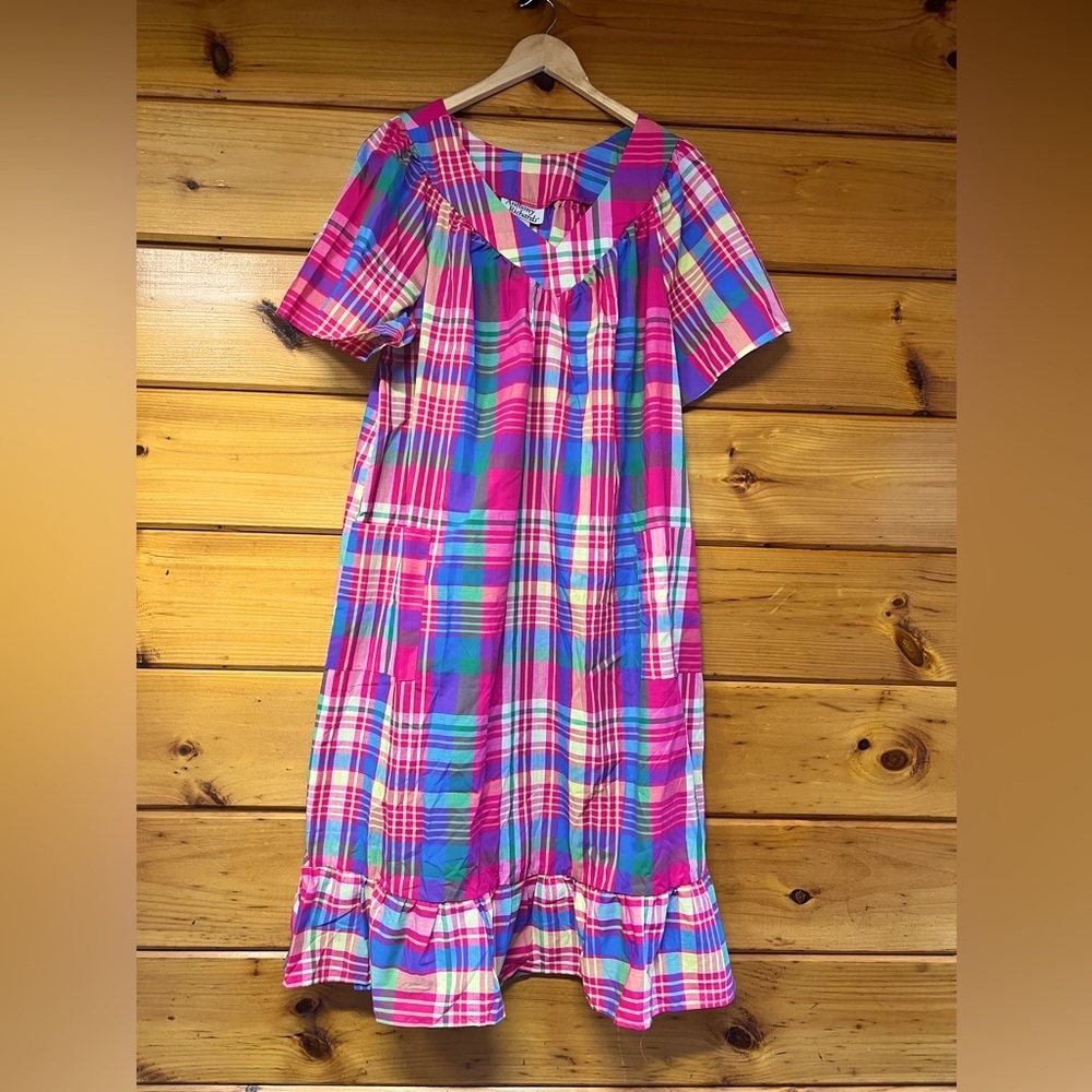 VTG Anthony Richards Plaid Summer Short Sleeve V Neck Midi Dress XLP